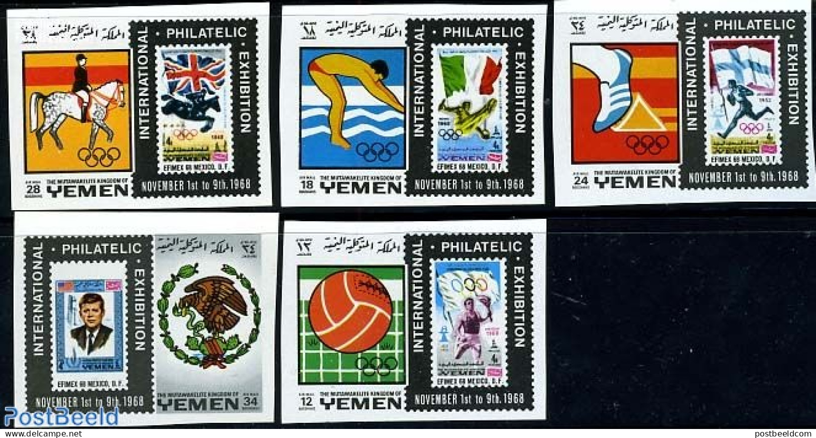 Yemen, Kingdom 1968 EFIMEX 5v, Imperforated, Mint NH, History - Sport - American Presidents - Olympic Games - Sport (o.. - Briefmarken Auf Briefmarken