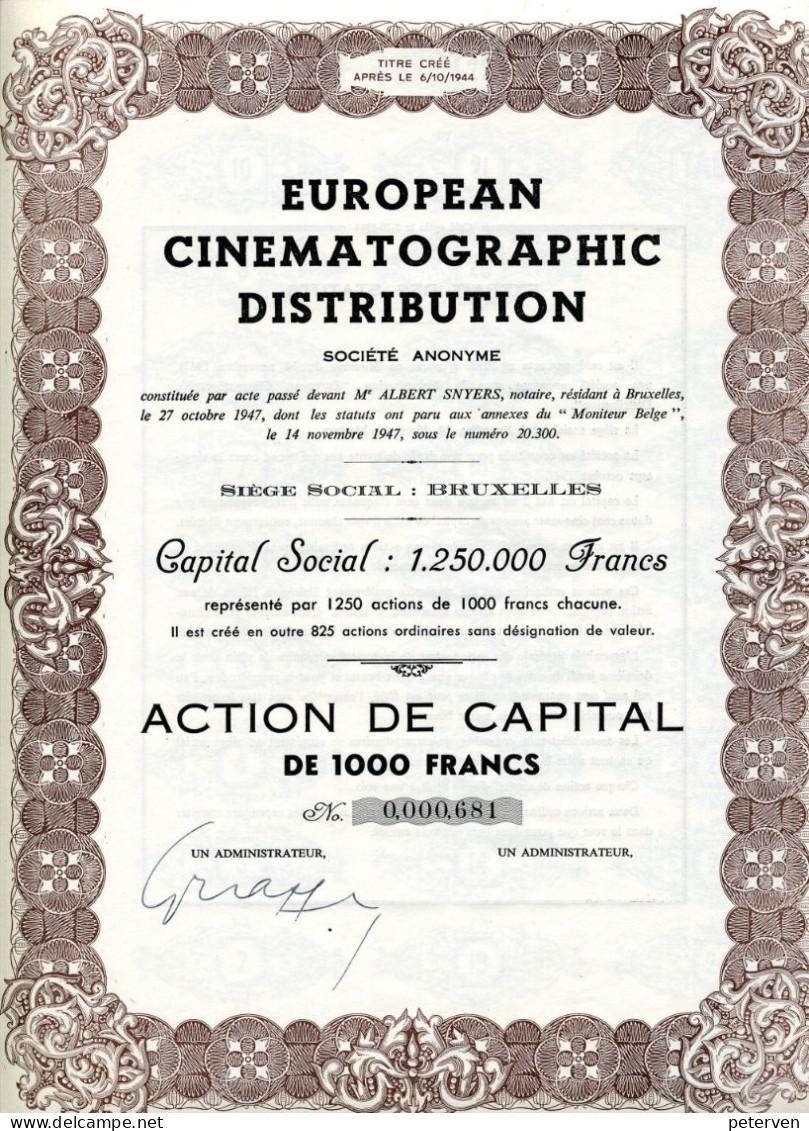 EUROPEAN CINEMATOGRAPHIC DISTRIBUTION; Action De Capital De 1.000 Francs - Cinéma & Théatre