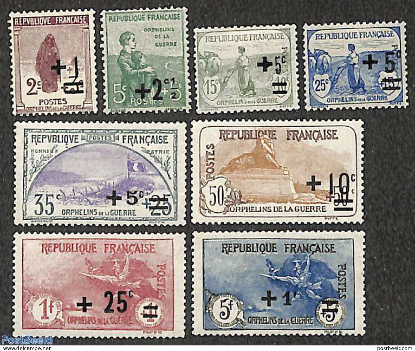 France 1922 War Widows Overprints 8v, Unused (hinged), History - Art - Sculpture - World War I - Unused Stamps