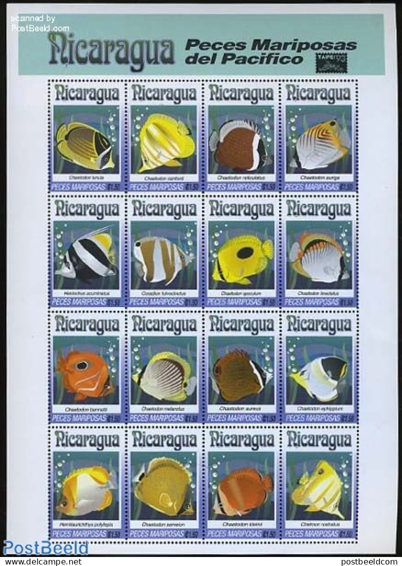 Nicaragua 1993 Fish 16v M/s (with TAIPEI93 Logo), Mint NH, Nature - Fish - Philately - Fishes