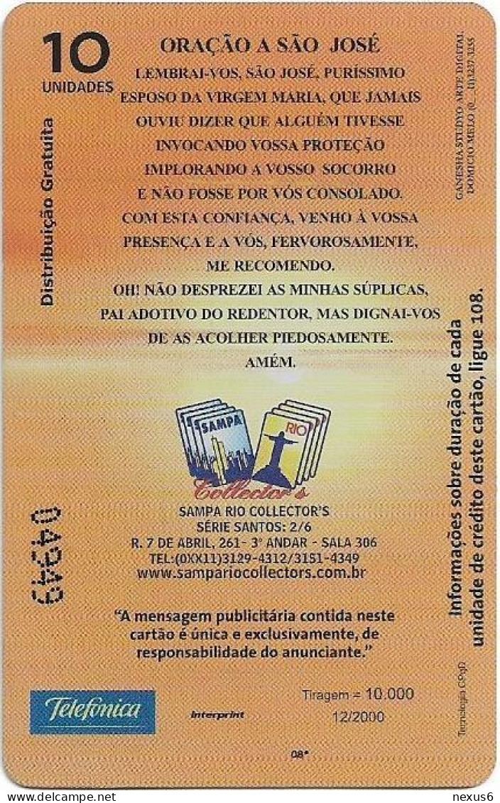 Brazil - Telefónica SP (Inductive) - Santos Series 2/6, Oração À São José, 12.2000, 10U, 10.000ex, Used - Brazilië