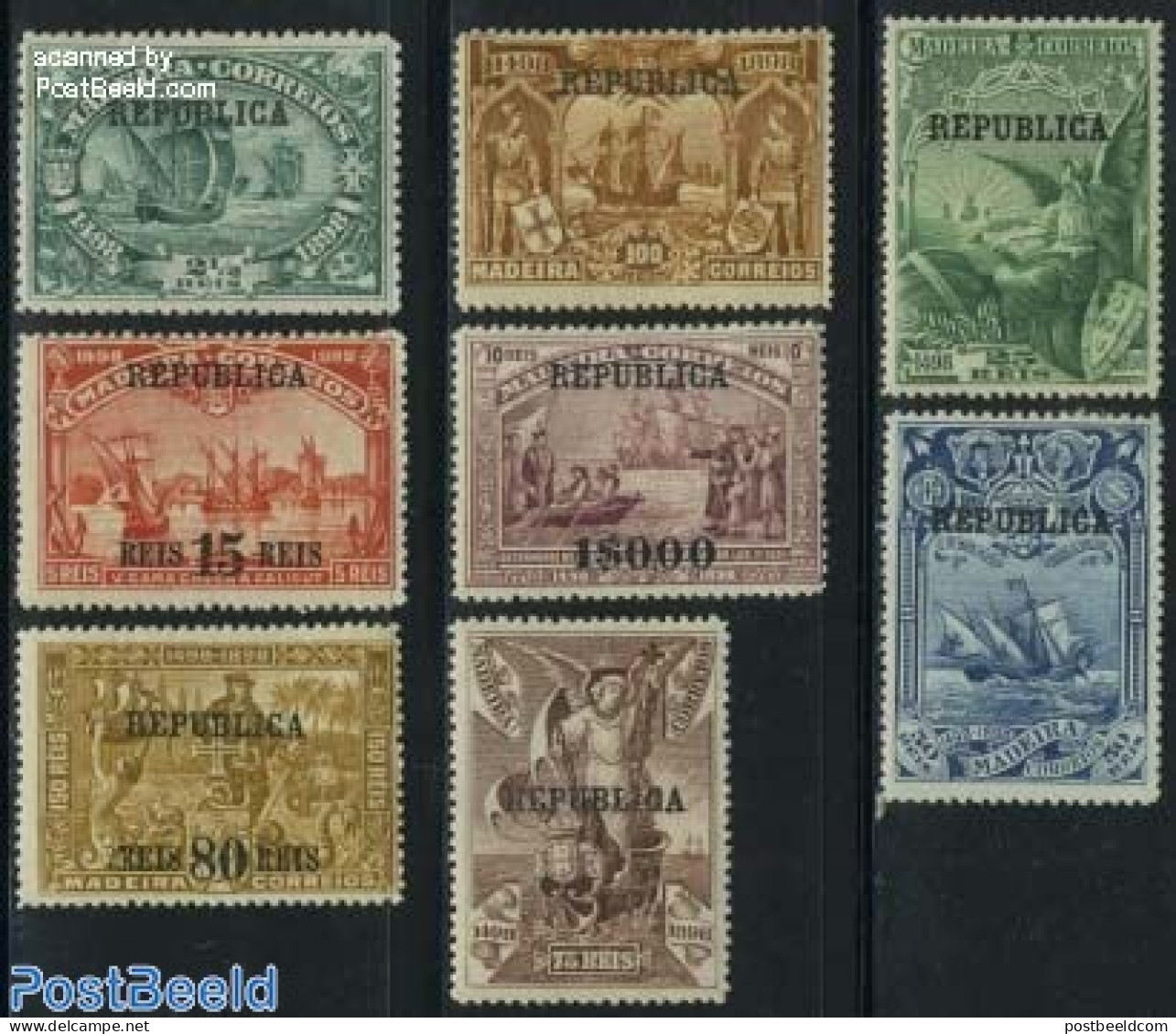 Portugal 1911 REPUBLICA Overprints On Madeira Set 8v, Unused (hinged), History - Transport - Explorers - Ships And Boats - Ungebraucht