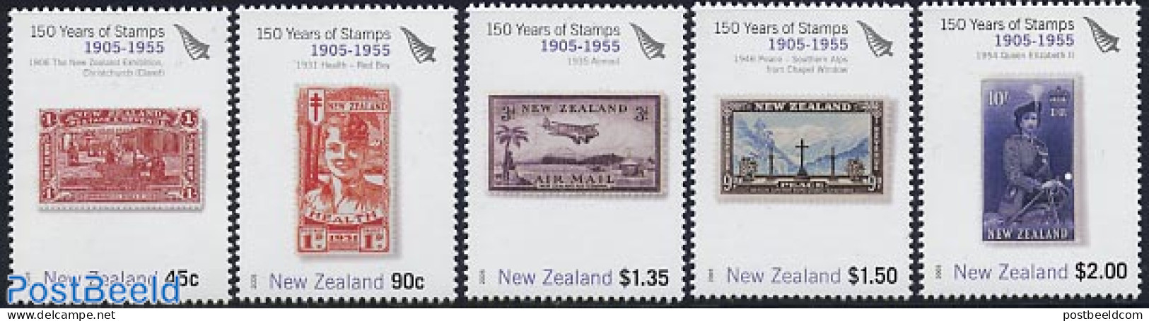 New Zealand 2005 150 Years Stamps 5v (1905-1955 Period), Mint NH, Nature - Transport - Horses - Stamps On Stamps - Air.. - Neufs