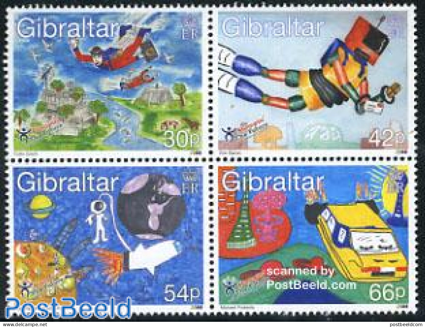 Gibraltar 2000 Future On Stamps 4v [+], Mint NH, Post - Art - Children Drawings - Science Fiction - Post