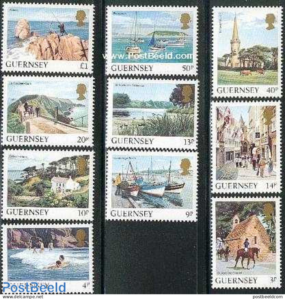 Guernsey 1984 Definitives 10v, Mint NH, Nature - Religion - Transport - Horses - Churches, Temples, Mosques, Synagogue.. - Eglises Et Cathédrales