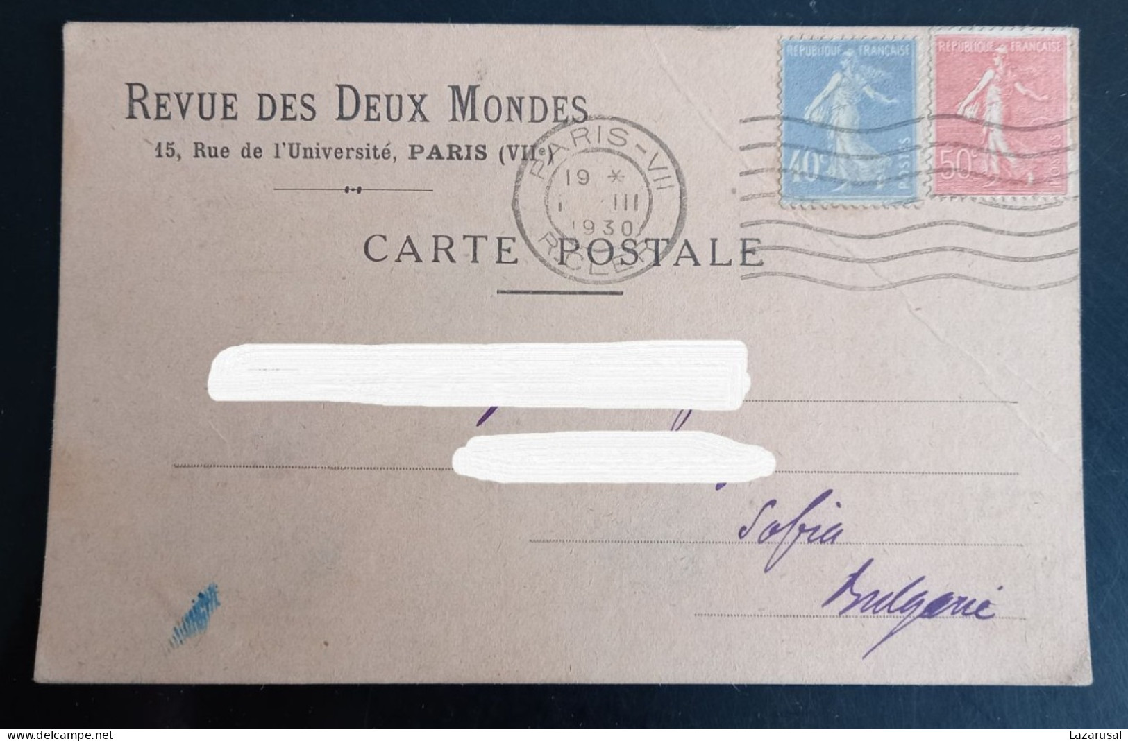 P1  France 1930 Postal Stationery Card Revue Des Deux Mondes Sent To Bulgaria Sofia - Standard Postcards & Stamped On Demand (before 1995)