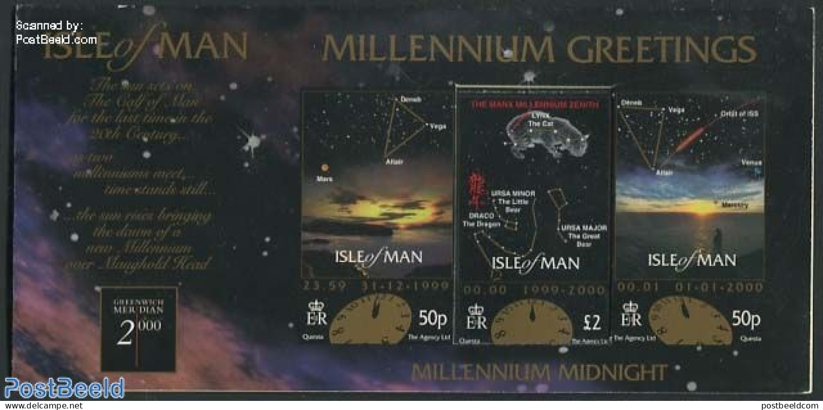 Isle Of Man 2000 Folding Card, Year 2000 With 1v, Mint NH, Nature - Science - Various - Cats - Astronomy - New Year - Astrology