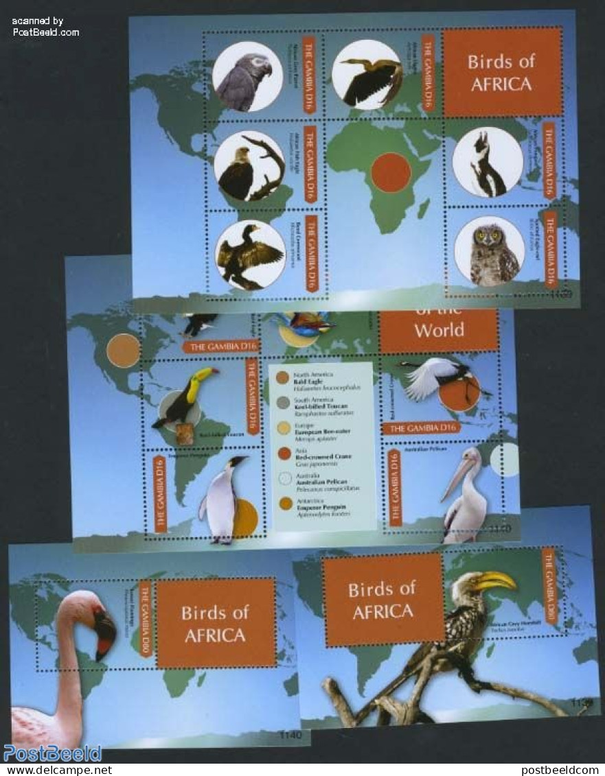 Gambia 2011 Birds 4 S/s, Mint NH, Nature - Various - Birds - Birds Of Prey - Owls - Parrots - Maps - Géographie