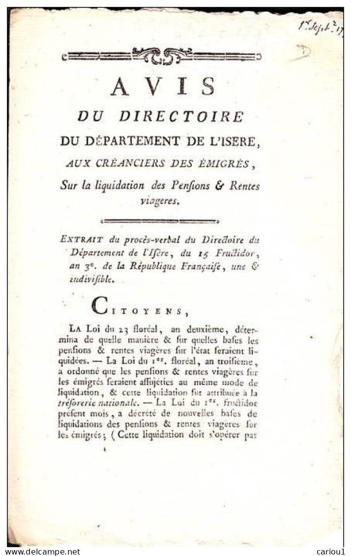 C1 REVOLUTION Avis DIRECTOIRE DEPARTEMENT ISERE 1795 Aux Creanciers Des Emigres GRENOBLE - 1701-1800