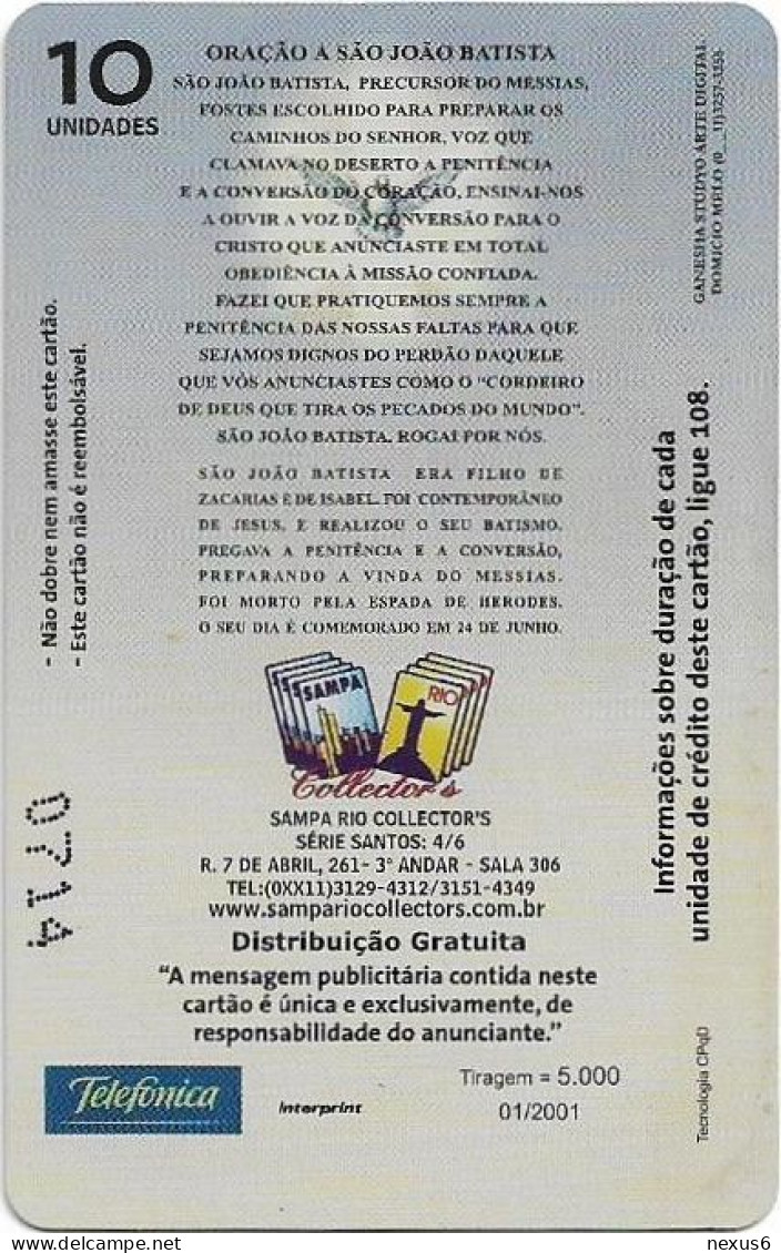 Brazil - Telefónica SP (Inductive) - Santos Series 4/6, São João Batista, 01.2001, 10U, 5.000ex, Used - Brazil