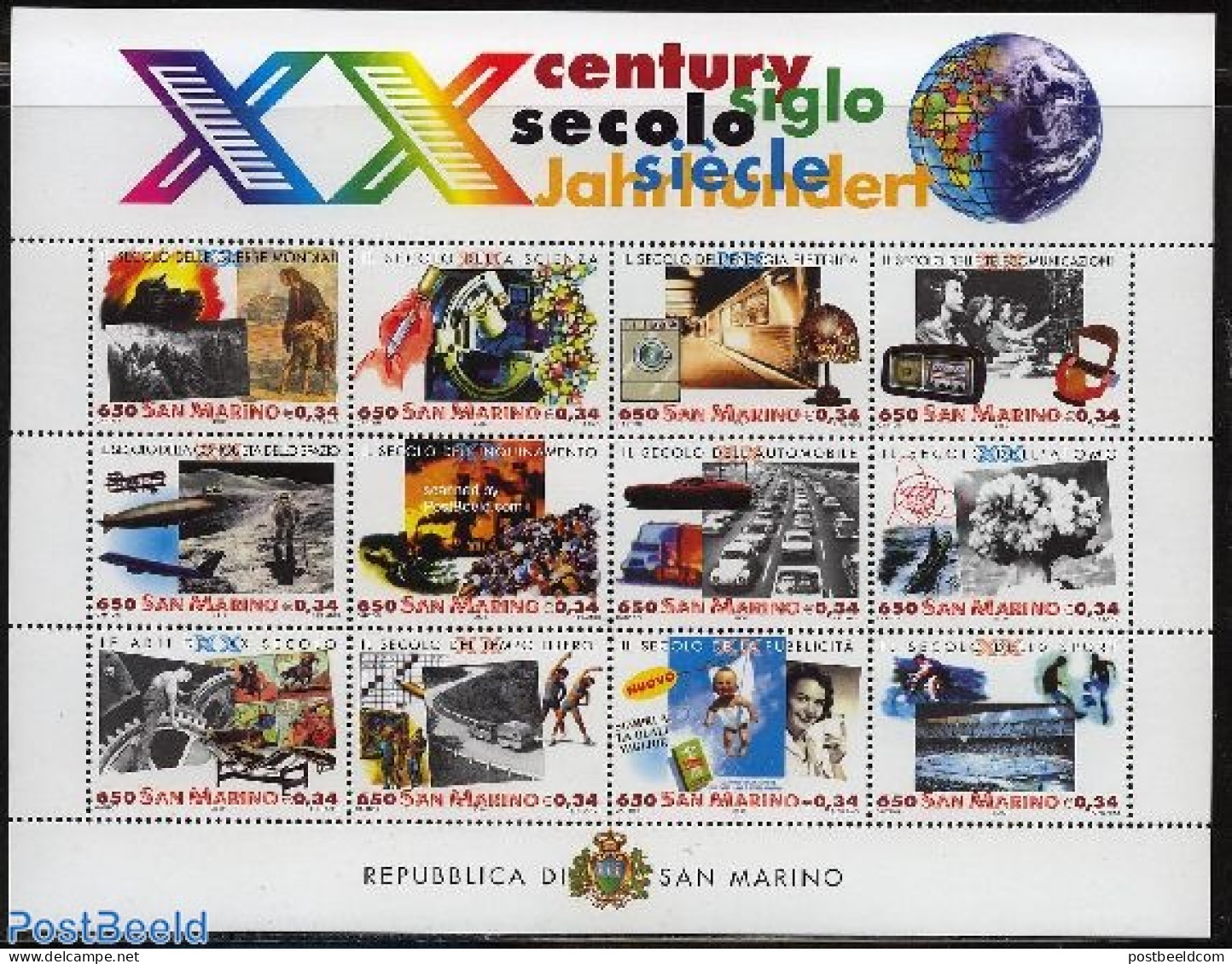 San Marino 2000 20th Century 12v M/s, Mint NH, History - Nature - Science - Sport - Transport - World War II - Environ.. - Ungebraucht