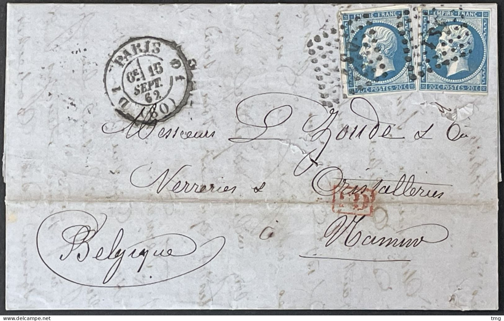 Lettre YT 14B X2 DS1 R. Faubourg St Martin (PD Rouge) à Namur Belgique France Par Erquelines 15.09.62 France – Kdomi - 1849-1876: Période Classique