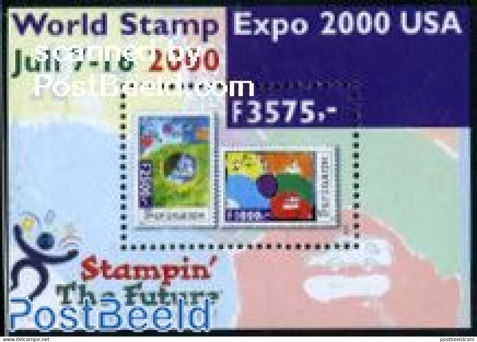 Suriname, Republic 2000 World Stamp Expo USA S/s, Mint NH, Stamps On Stamps - Art - Children Drawings - Briefmarken Auf Briefmarken