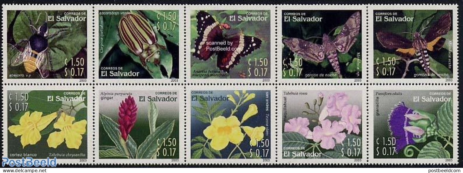 El Salvador 2003 Insects & Flowers 10v [++++], Mint NH, Nature - Butterflies - Flowers & Plants - Insects - El Salvador