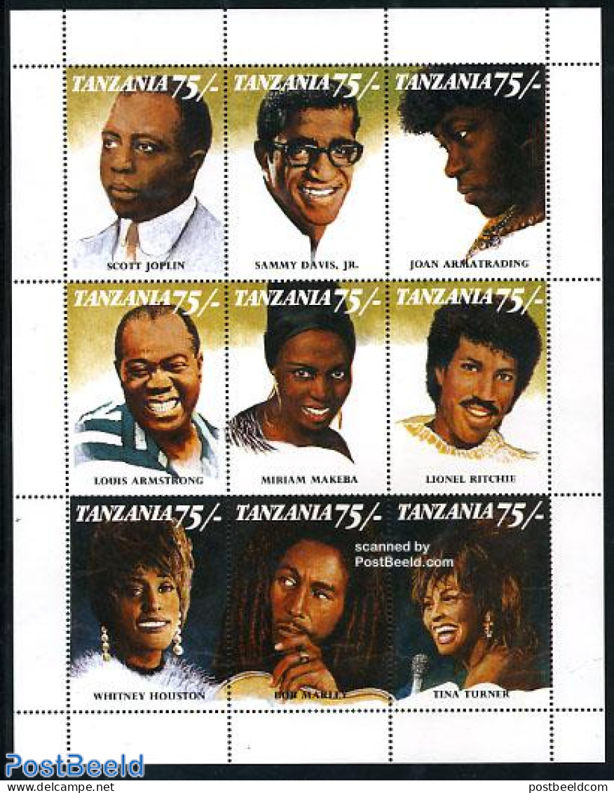 Tanzania 1992 Black Musicians 9v M/s, Mint NH, Performance Art - Music - Popular Music - Music