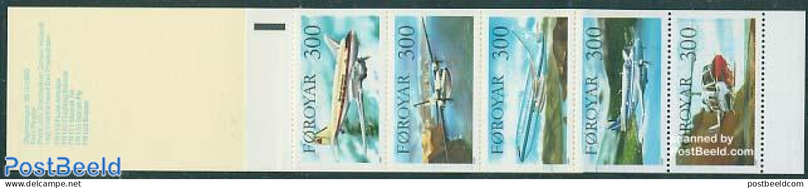 Faroe Islands 1985 Aeroplanes 5v In Booklet, Mint NH, Transport - Stamp Booklets - Helicopters - Aircraft & Aviation - Unclassified