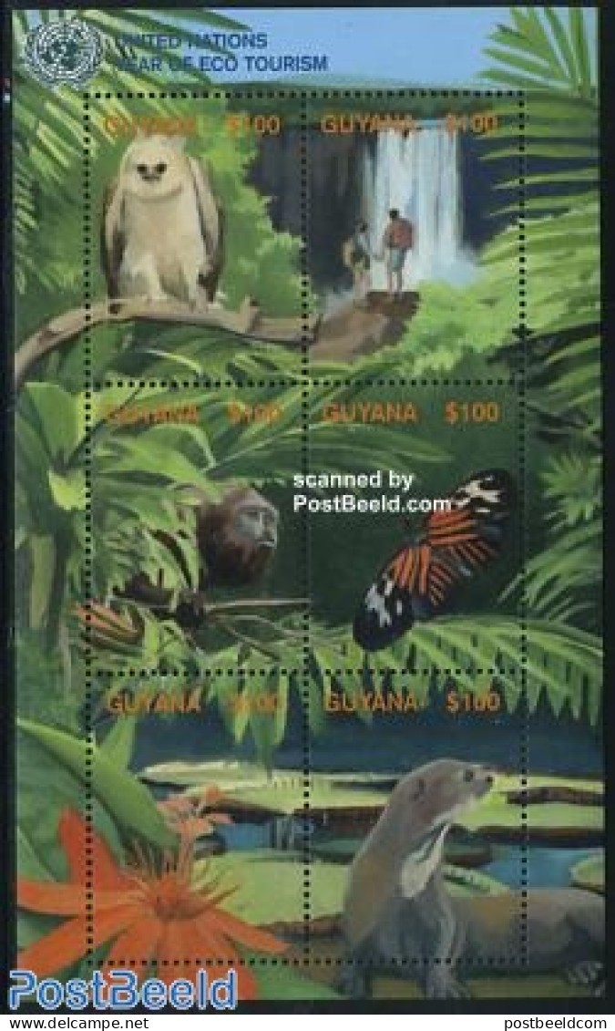 Guyana 2002 Eco Tourism 6v M/s, Mint NH, Nature - Various - Animals (others & Mixed) - Birds - Butterflies - Monkeys -.. - Guyana (1966-...)