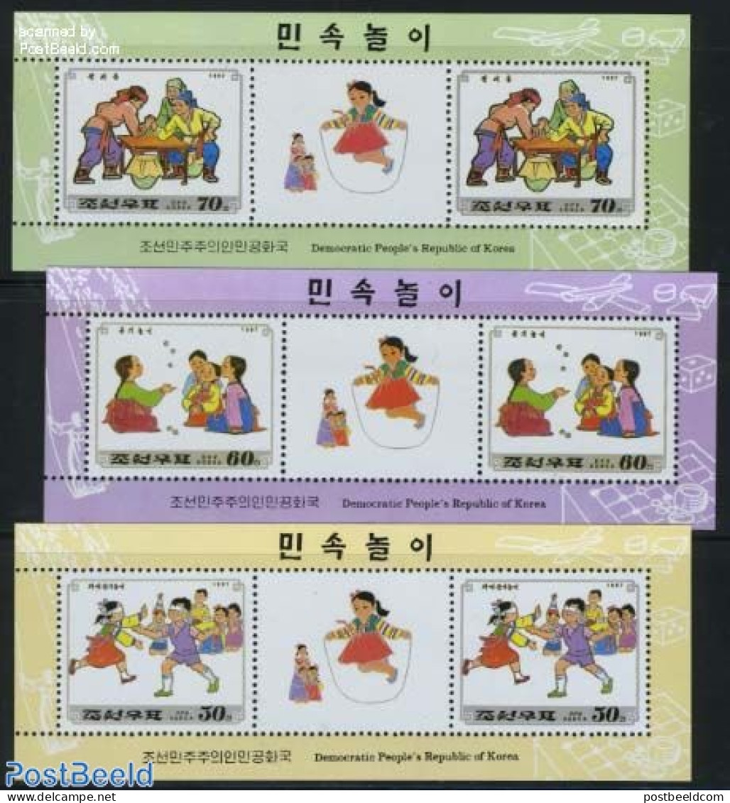 Korea, North 1997 Children Games 3 M/s, Mint NH, Various - Toys & Children's Games - Corée Du Nord