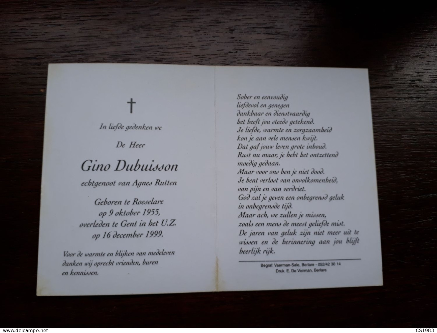 Gino Dubuisson ° Roeselare 1955 + Gent 1999 X Agnes Rutten - Obituary Notices