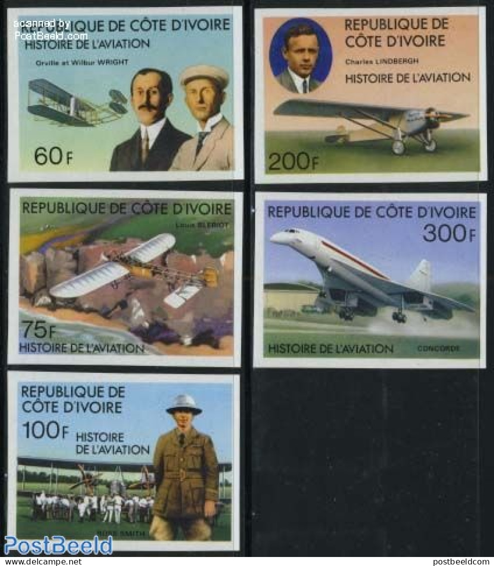 Ivory Coast 1977 Aviation History 5v Imperforated, Mint NH, Transport - Concorde - Aircraft & Aviation - Unused Stamps