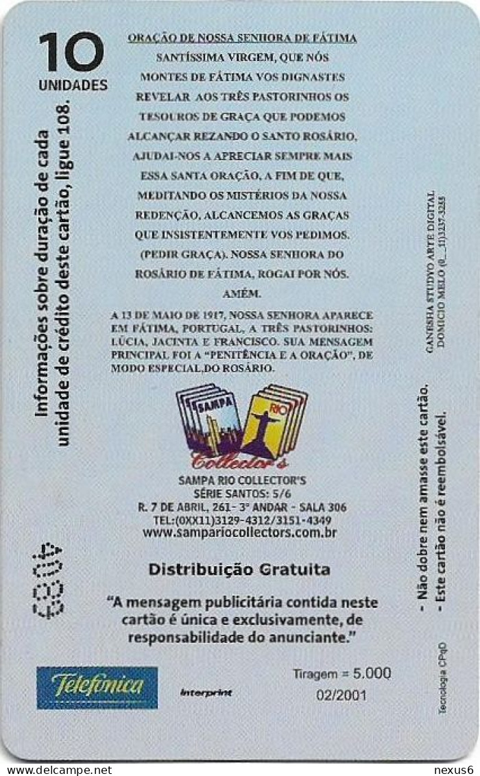 Brazil - Telefónica SP (Inductive) - Santos Series 5/6, Nossa Senhora De Fátima, 02.2001, 10U, 5.000ex, Used - Brasilien