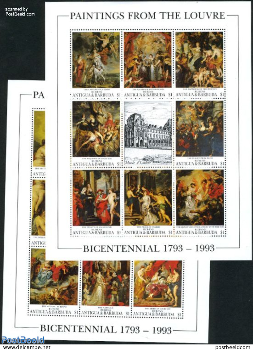 Antigua & Barbuda 1993 Louvre Museum 2x8v M/s, Mint NH, Art - Museums - Paintings - Museums