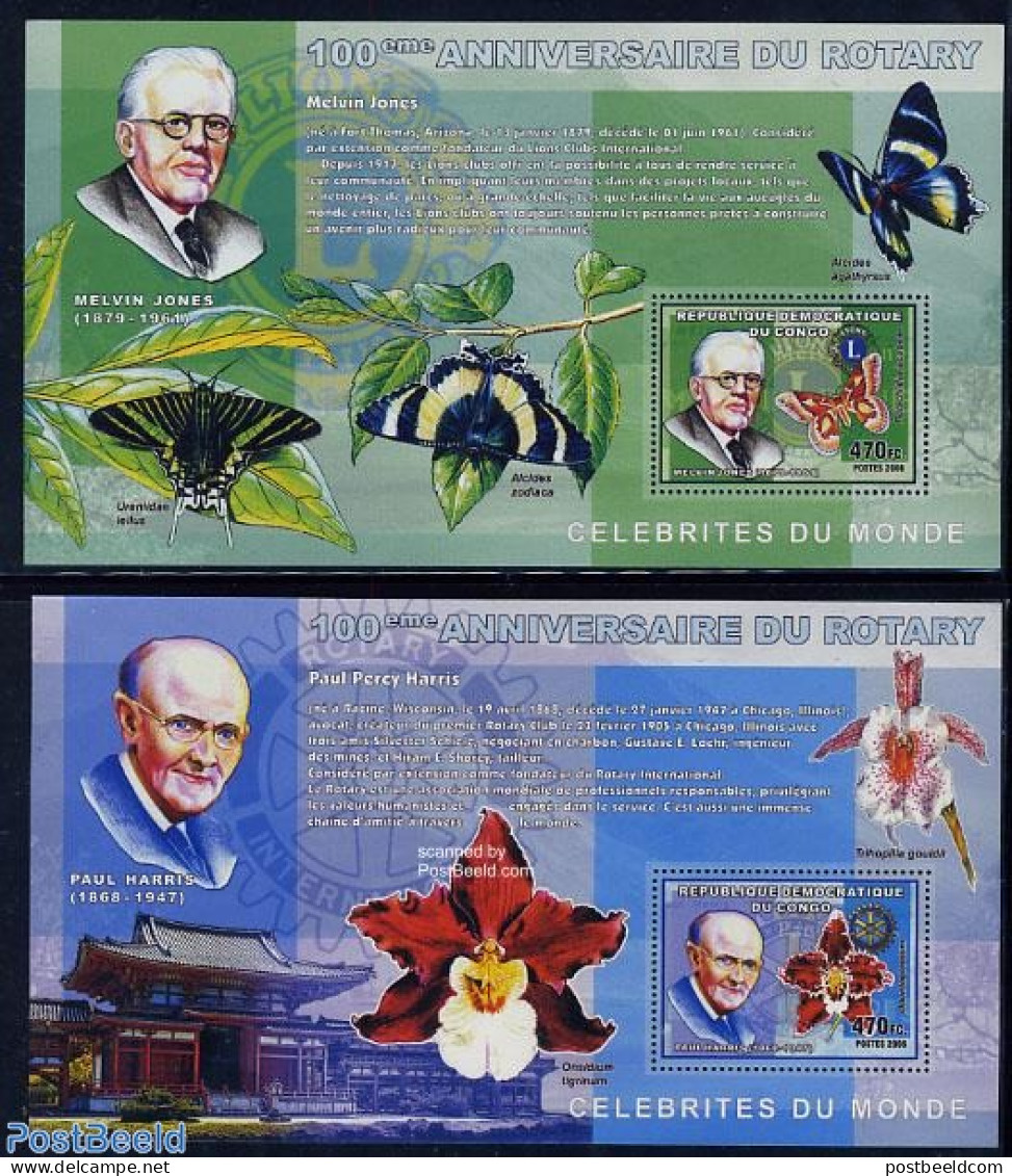 Congo Dem. Republic, (zaire) 2006 100 Years Rotary 2 S/s, Mint NH, Nature - Various - Butterflies - Flowers & Plants -.. - Rotary, Lions Club