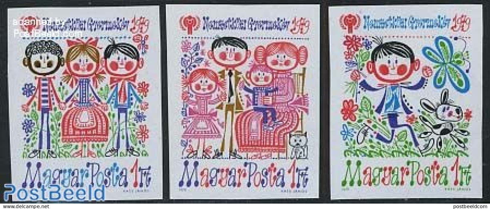 Hungary 1979 Int. Year Of The Child 3v Imperforated, Mint NH, Nature - Various - Butterflies - Cats - Dogs - Toys & Ch.. - Neufs