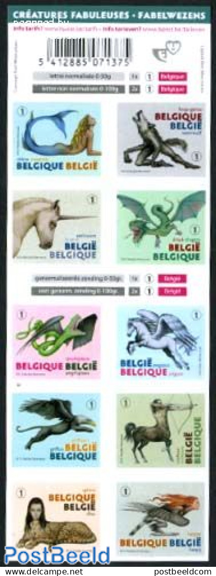 Belgium 2012 Mythical Creeations 10v S-a Foil Booklet, Mint NH, Nature - Horses - Stamp Booklets - Art - Fairytales - Unused Stamps