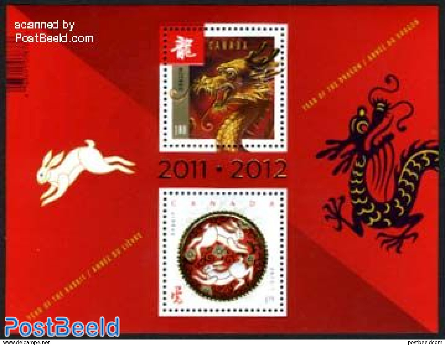 Canada 2012 2011-2012 Year Of The Rabbit-dragon S/s, Mint NH, Nature - Various - Rabbits / Hares - New Year - Neufs