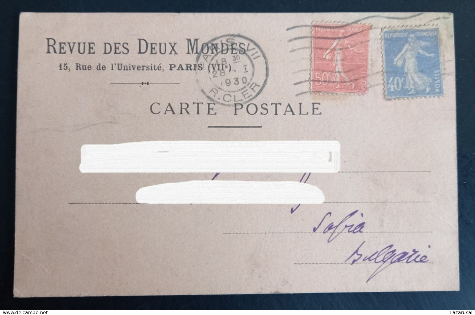 P1  France 1930 Postal Stationery Card Revue Des Deux Mondes Sent To Bulgaria Sofia - Cartes Postales Types Et TSC (avant 1995)