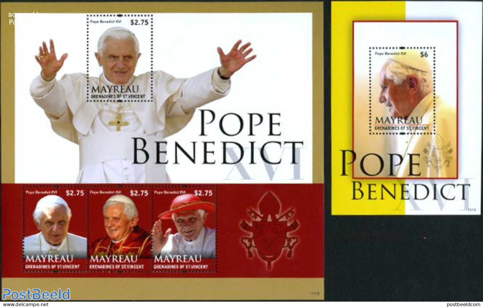 Saint Vincent & The Grenadines 2011 Mayreau, Pope Benedict XVI 2 S/s, Mint NH, Religion - Pope - Religion - Päpste