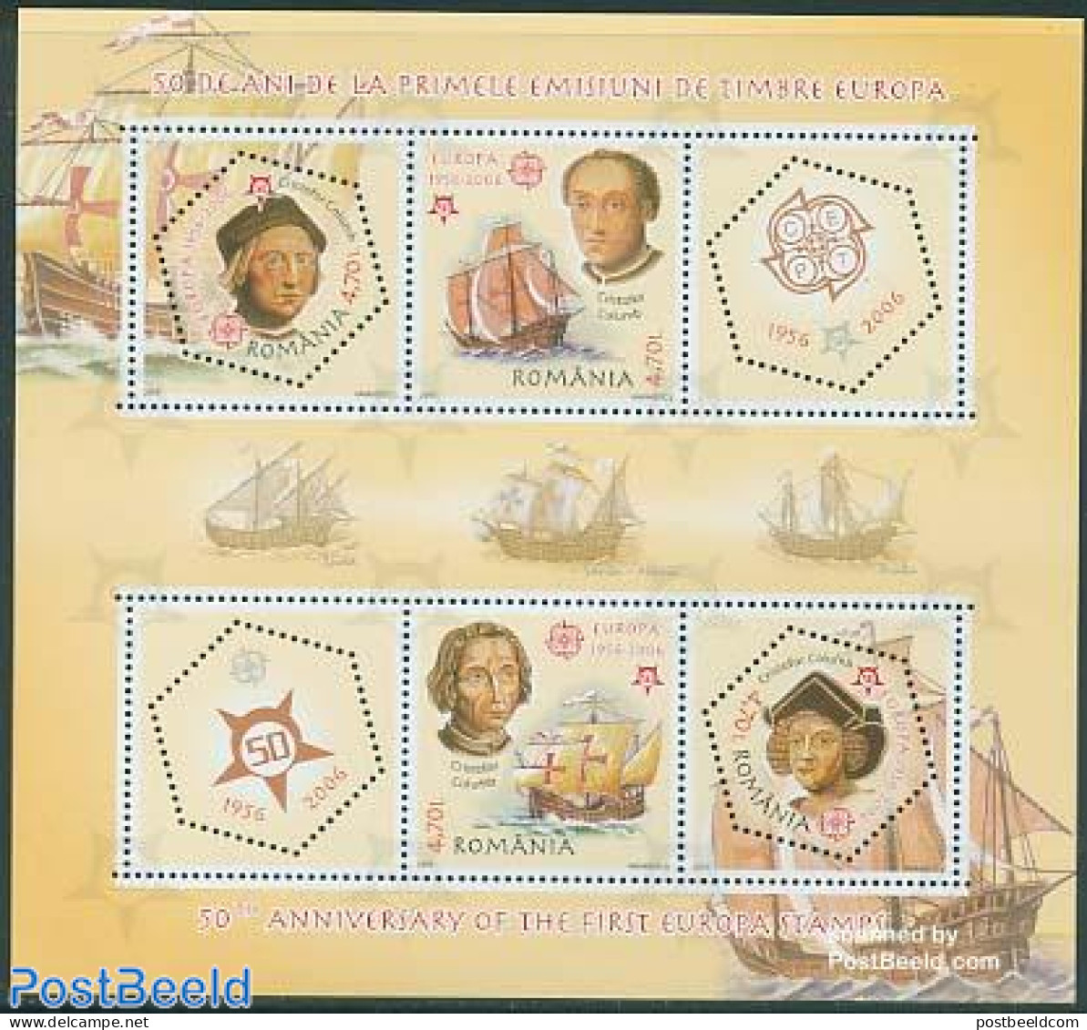 Romania 2005 50 Years Europa Stamps S/s, Mint NH, History - Transport - Europa Hang-on Issues - Explorers - Ships And .. - Neufs