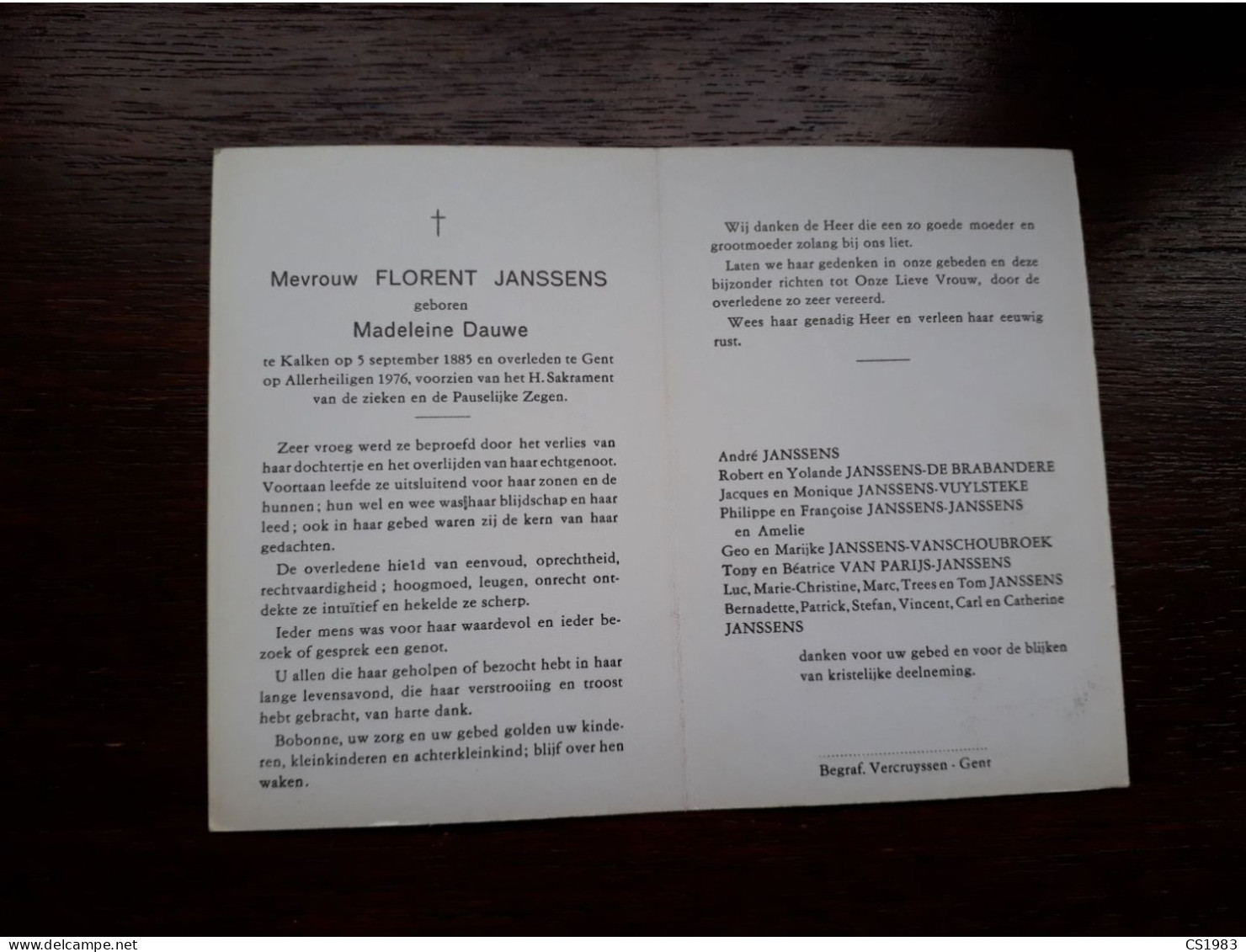 Madeleine Dauwe ° Kalken 1885 + Gent 1976 X Florent Janssens - Obituary Notices