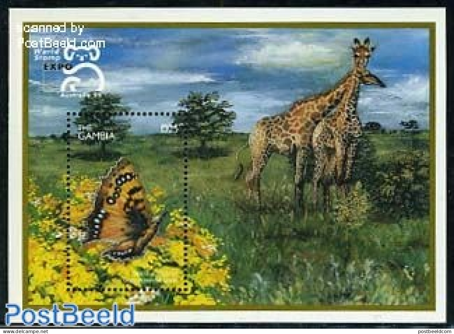 Gambia 1999 Butterfly, Giraffe S/s, Mint NH, Nature - Animals (others & Mixed) - Butterflies - Giraffe - Gambia (...-1964)