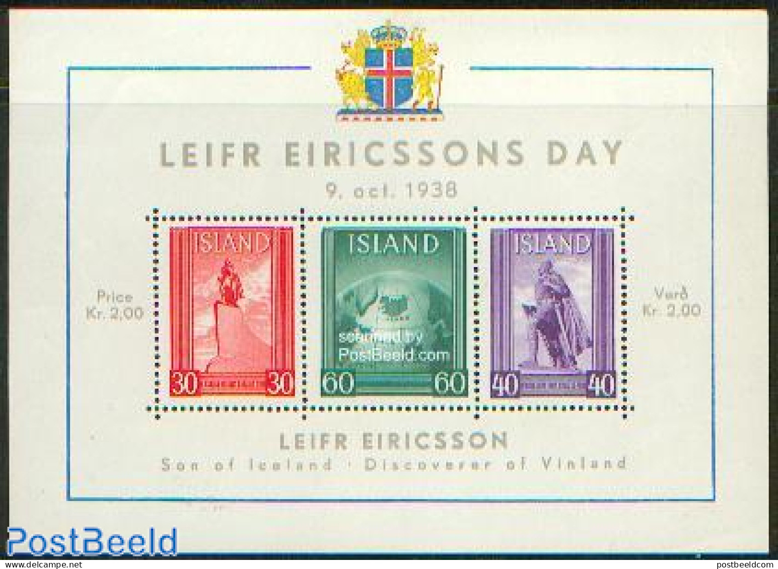 Iceland 1938 Leif Eriksson Day S/s, Mint NH, Various - Maps - Art - Sculpture - Neufs