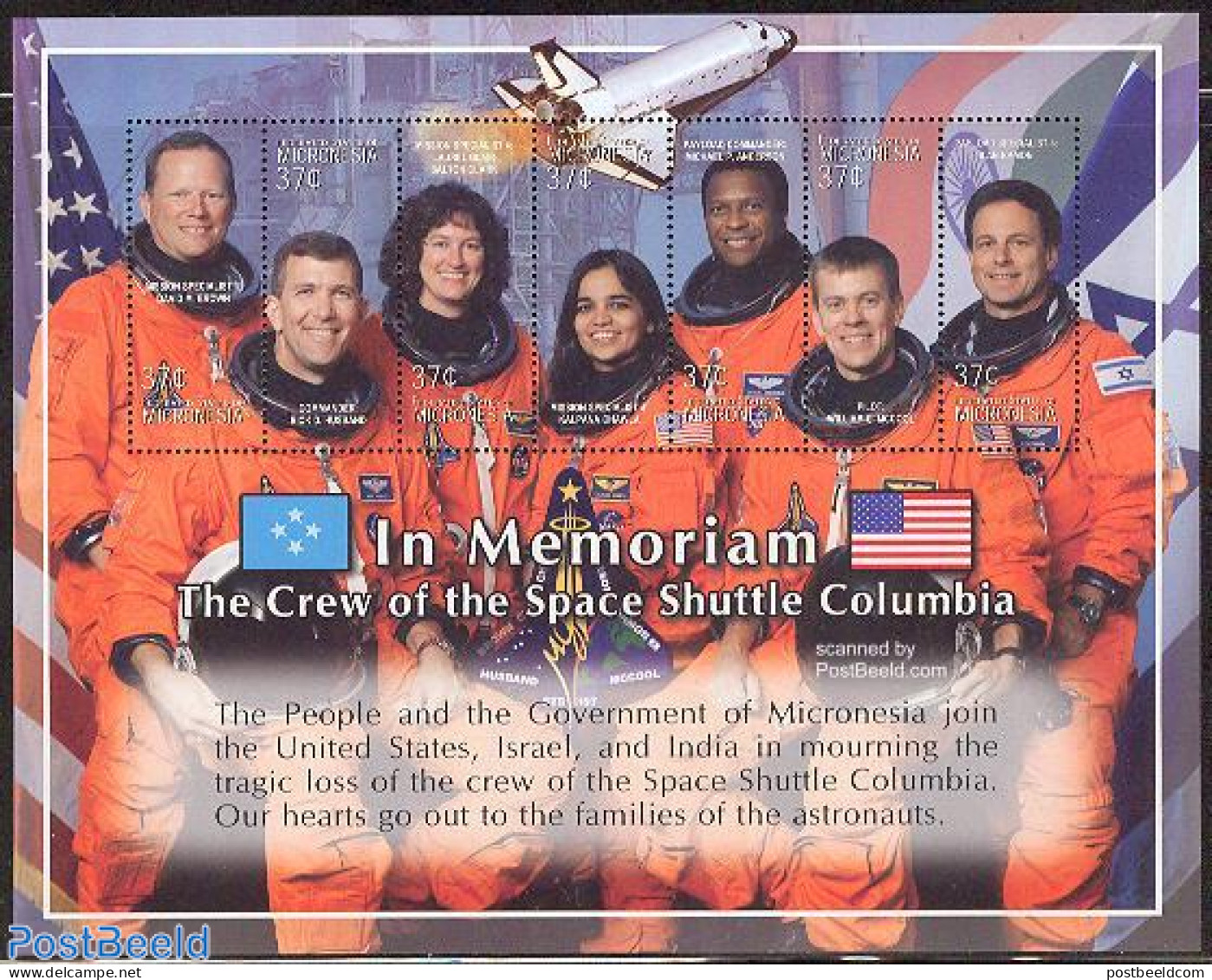 Micronesia 2003 Columbia Accident 7v M/s, Mint NH, History - Transport - Space Exploration - Disasters - Micronésie