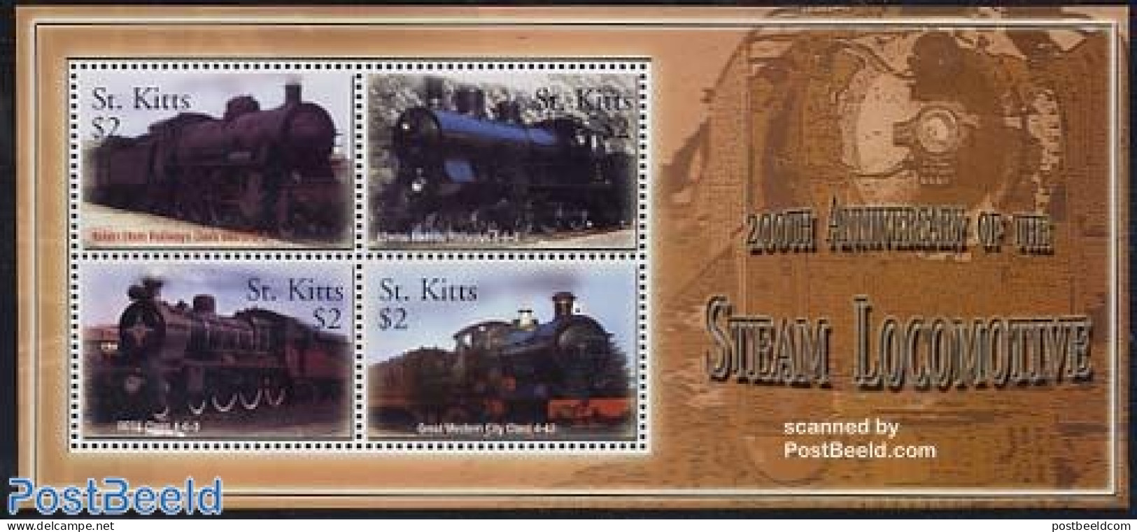 Saint Kitts/Nevis 2004 Locomotives 4v M/s, Italian State Railways, Mint NH, Transport - Railways - Trains