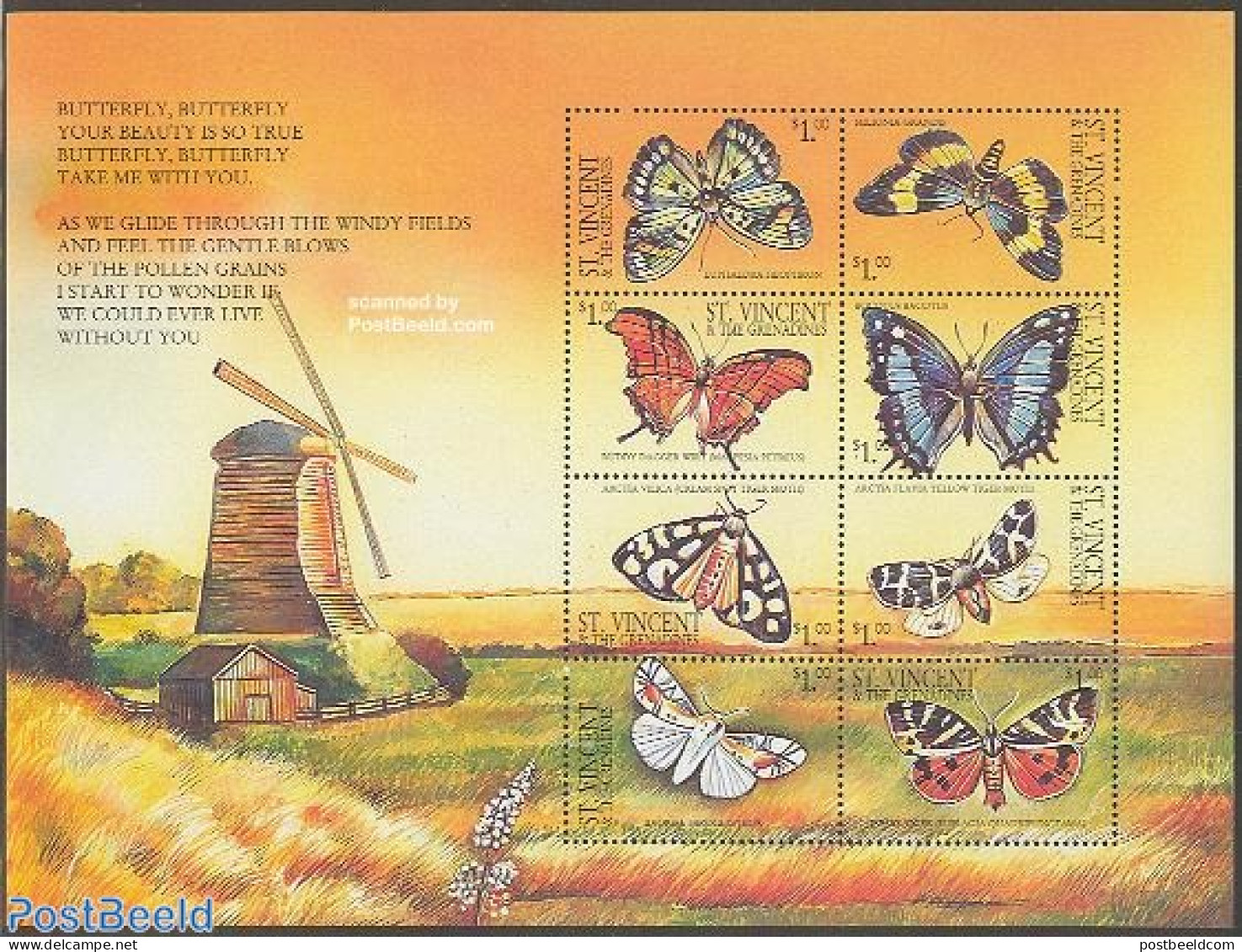Saint Vincent 2001 Butterflies 8v M/s (windmill On Border), Mint NH, Nature - Various - Butterflies - Mills (Wind & Wa.. - Moulins