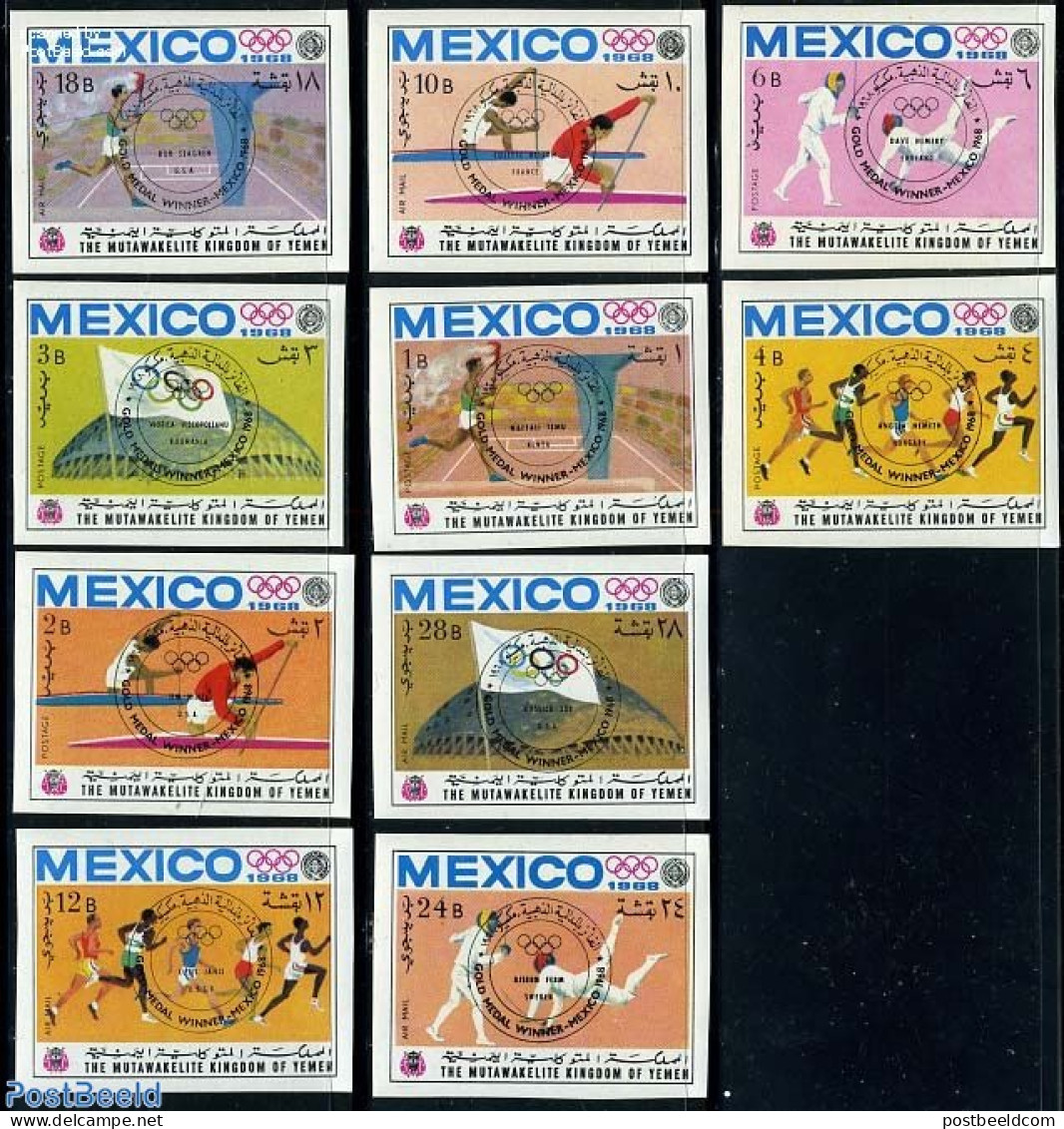 Yemen, Kingdom 1968 Olympic Winners 10v Imperforated, Mint NH, Sport - Fencing - Kayaks & Rowing - Olympic Games - Fencing