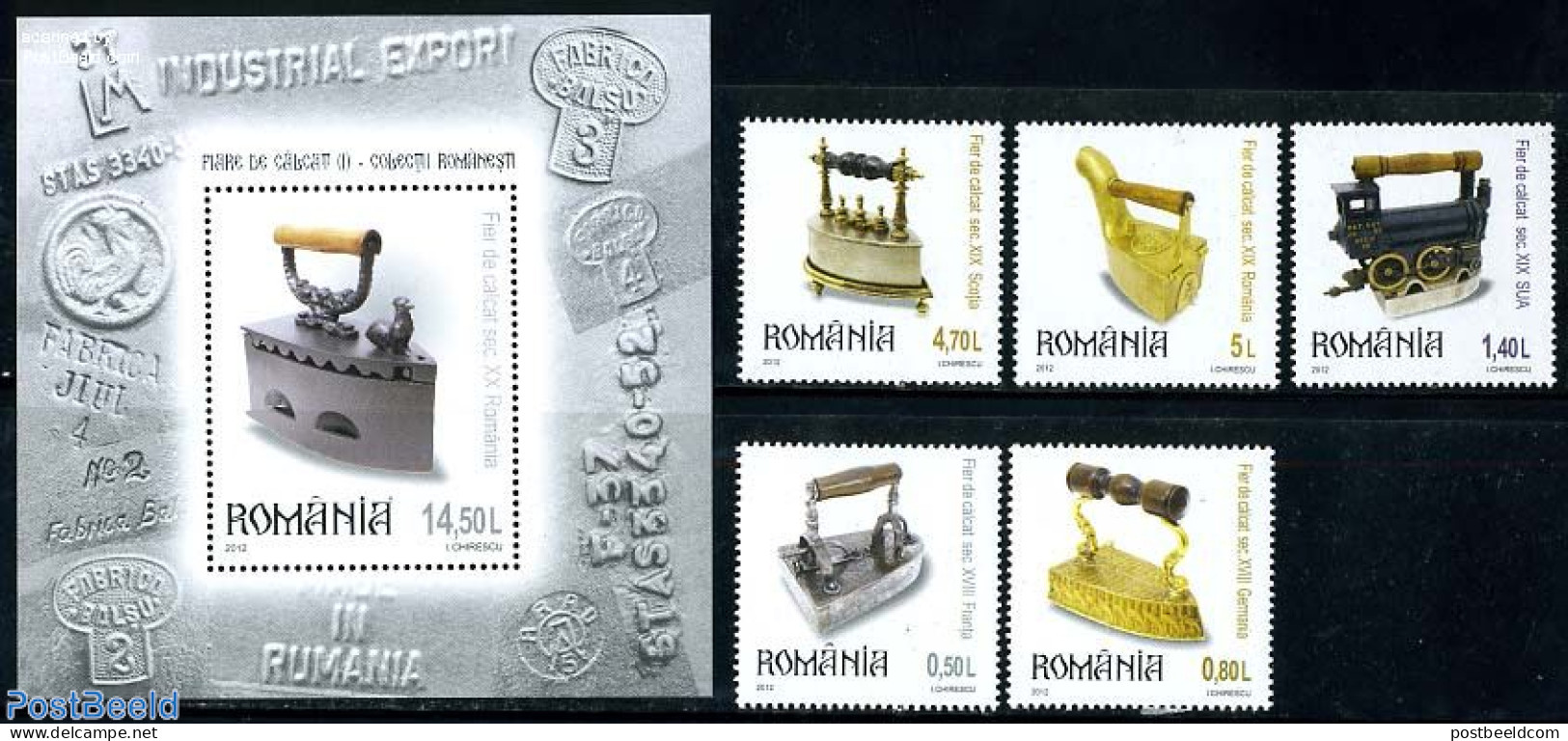 Romania 2012 Antique Irons 5v + S/s, Mint NH, Transport - Various - Railways - Textiles - Art - Art & Antique Objects - Unused Stamps