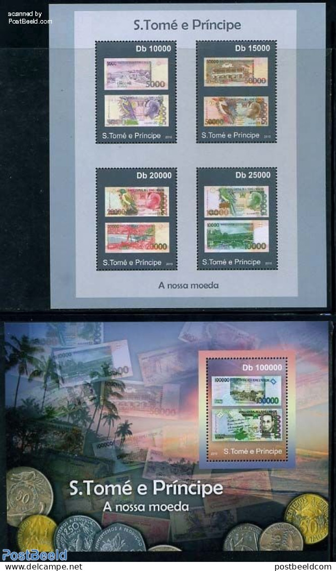 Sao Tome/Principe 2010 Banknotes 2 S/s, Mint NH, Nature - Various - Birds - Money On Stamps - Coins