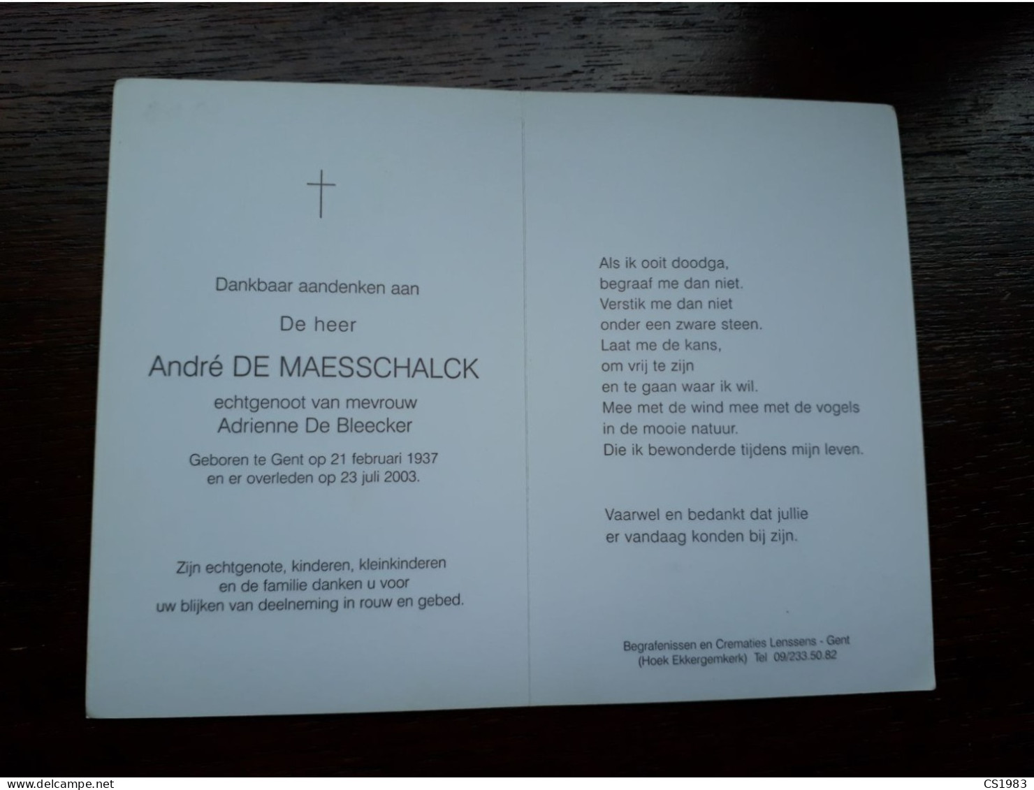 André De Maesschalck ° Gent 1937 + Gent 2003 X Adrienne De Bleecker - Décès