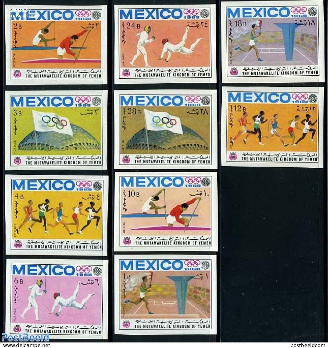 Yemen, Kingdom 1968 Olympic Games 10v Imperforated, Mint NH, Sport - Athletics - Fencing - Kayaks & Rowing - Olympic G.. - Leichtathletik