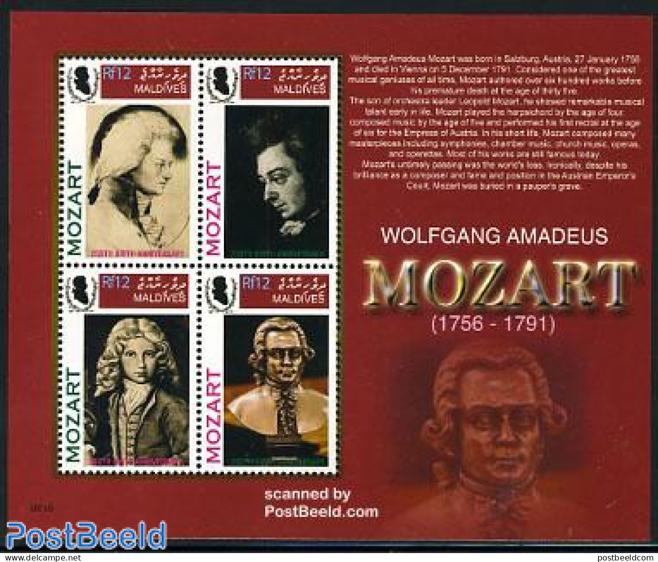 Maldives 2006 Mozart Birthday 4v M/s, Mint NH, Performance Art - Amadeus Mozart - Music - Musique