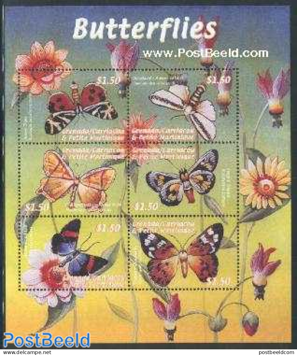 Grenada Grenadines 2000 Butterflies 6v M/s, Mint NH, Nature - Butterflies - Flowers & Plants - Grenada (1974-...)
