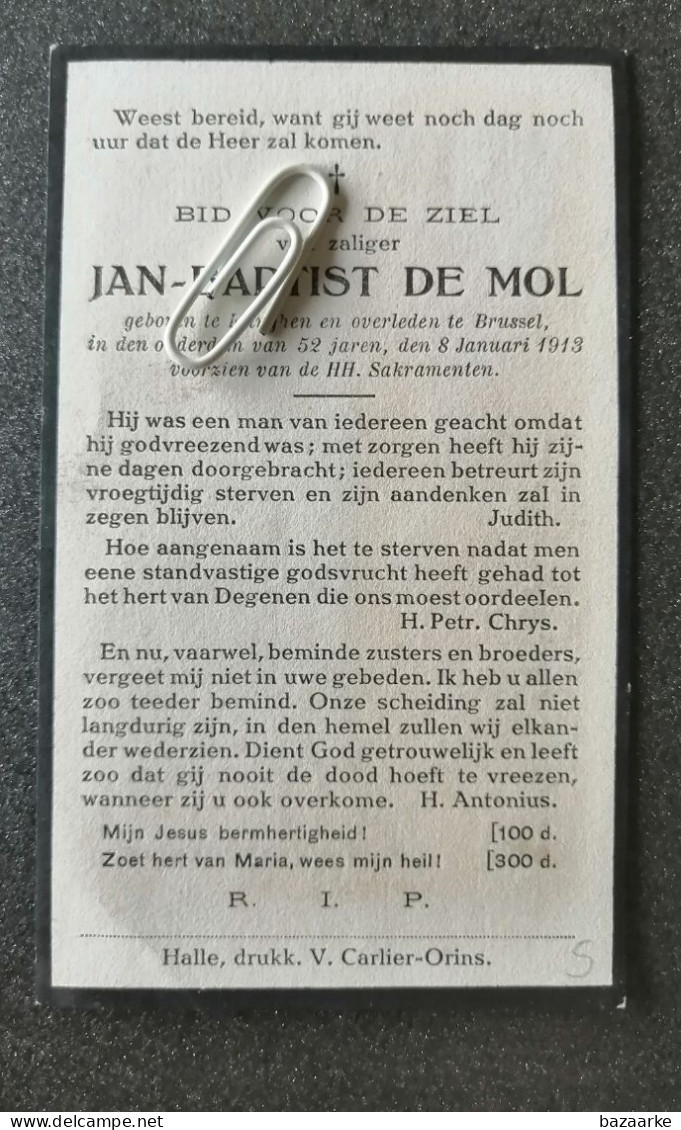 JAN-BAPTIST DE MOL ° ELINGHEN + BRUSSEL 1913 IN DE OUDERDOM VAN 53 JAREN - Images Religieuses