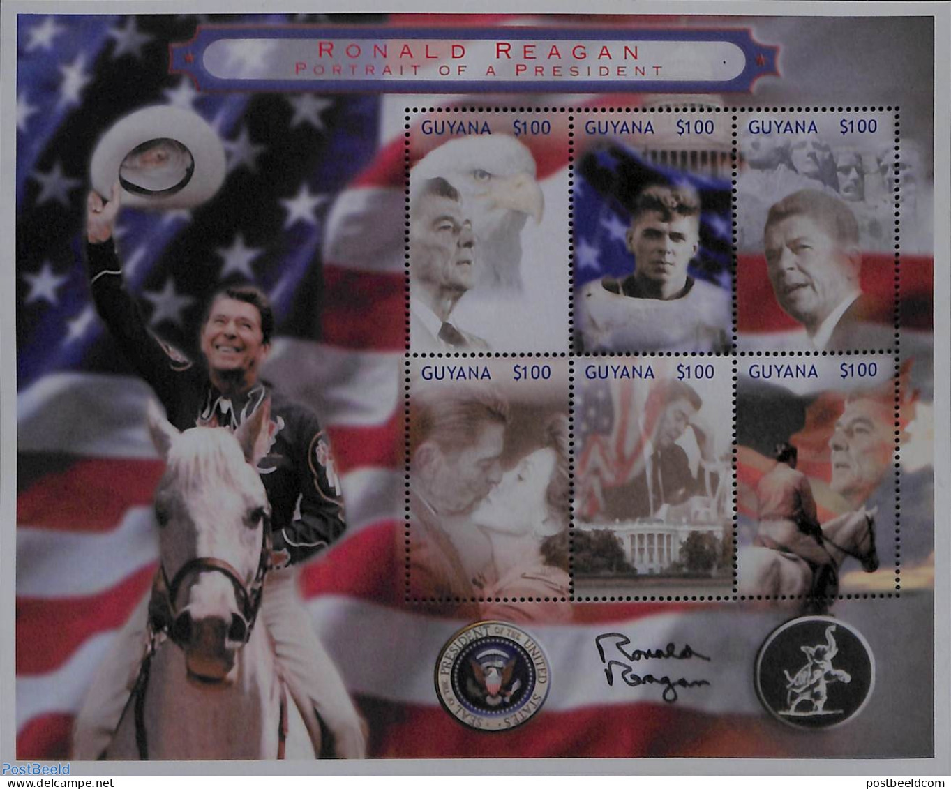 Guyana 2003 Ronald Reagan 6v M/s, Mint NH, History - Nature - American Presidents - Politicians - Birds - Horses - Guiana (1966-...)