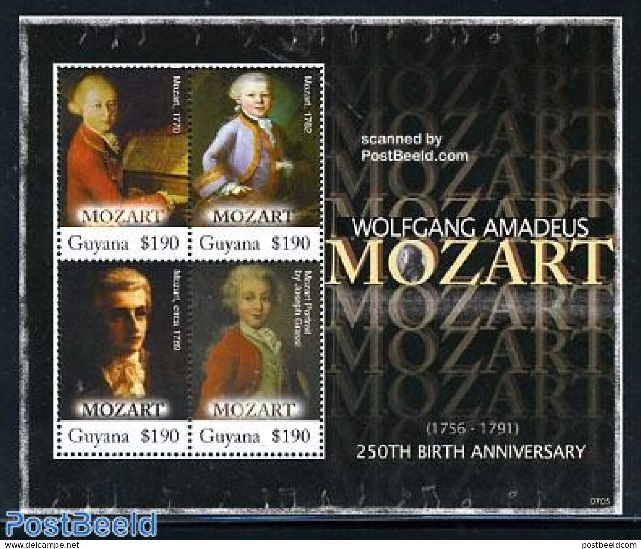 Guyana 2007 W.A. Mozart 4v M/s, Mint NH, Performance Art - Amadeus Mozart - Music - Musique