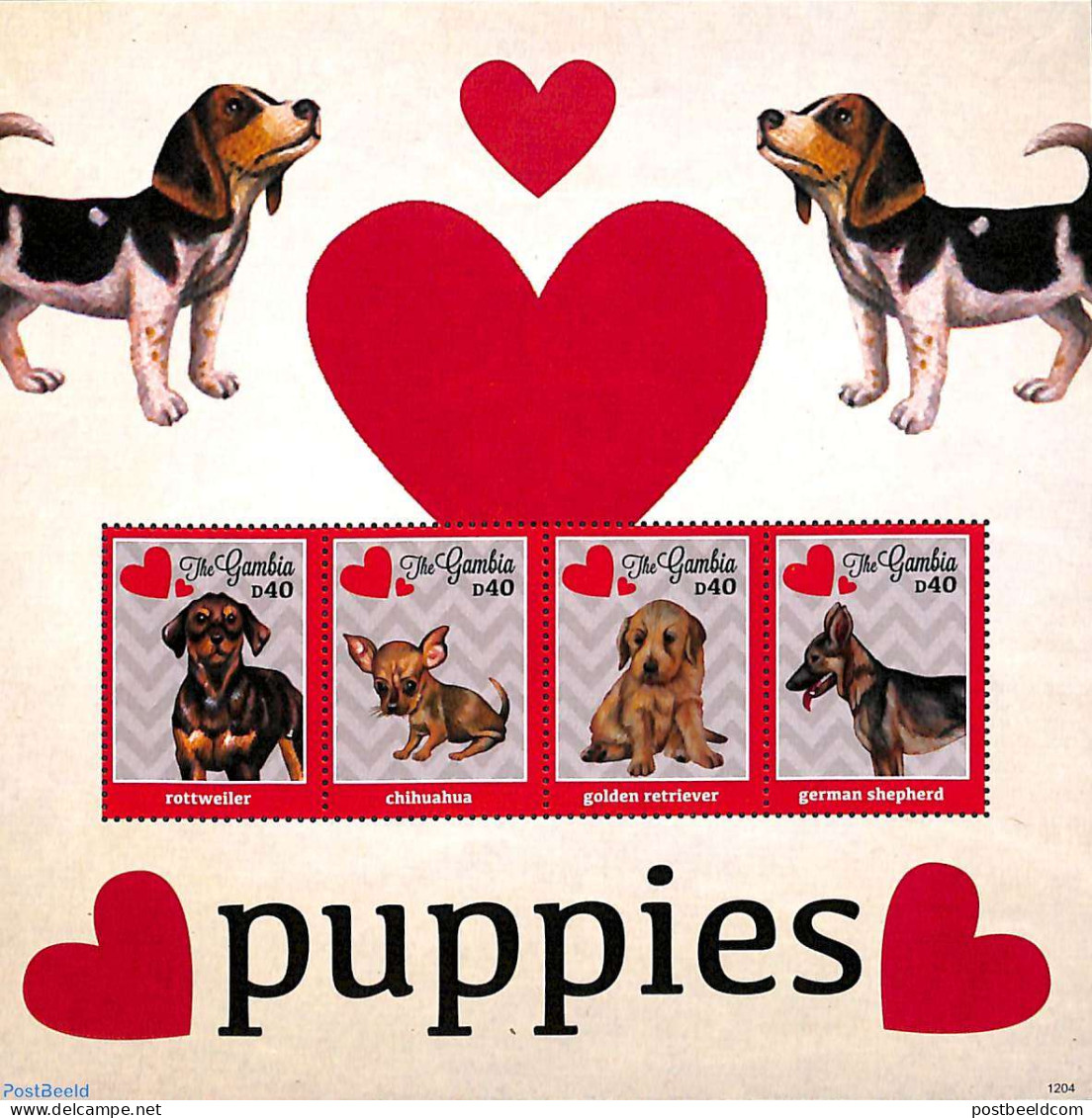 Gambia 2012 Puppies 4v M/s, Mint NH, Nature - Various - Dogs - Greetings & Wishing Stamps - Gambie (...-1964)